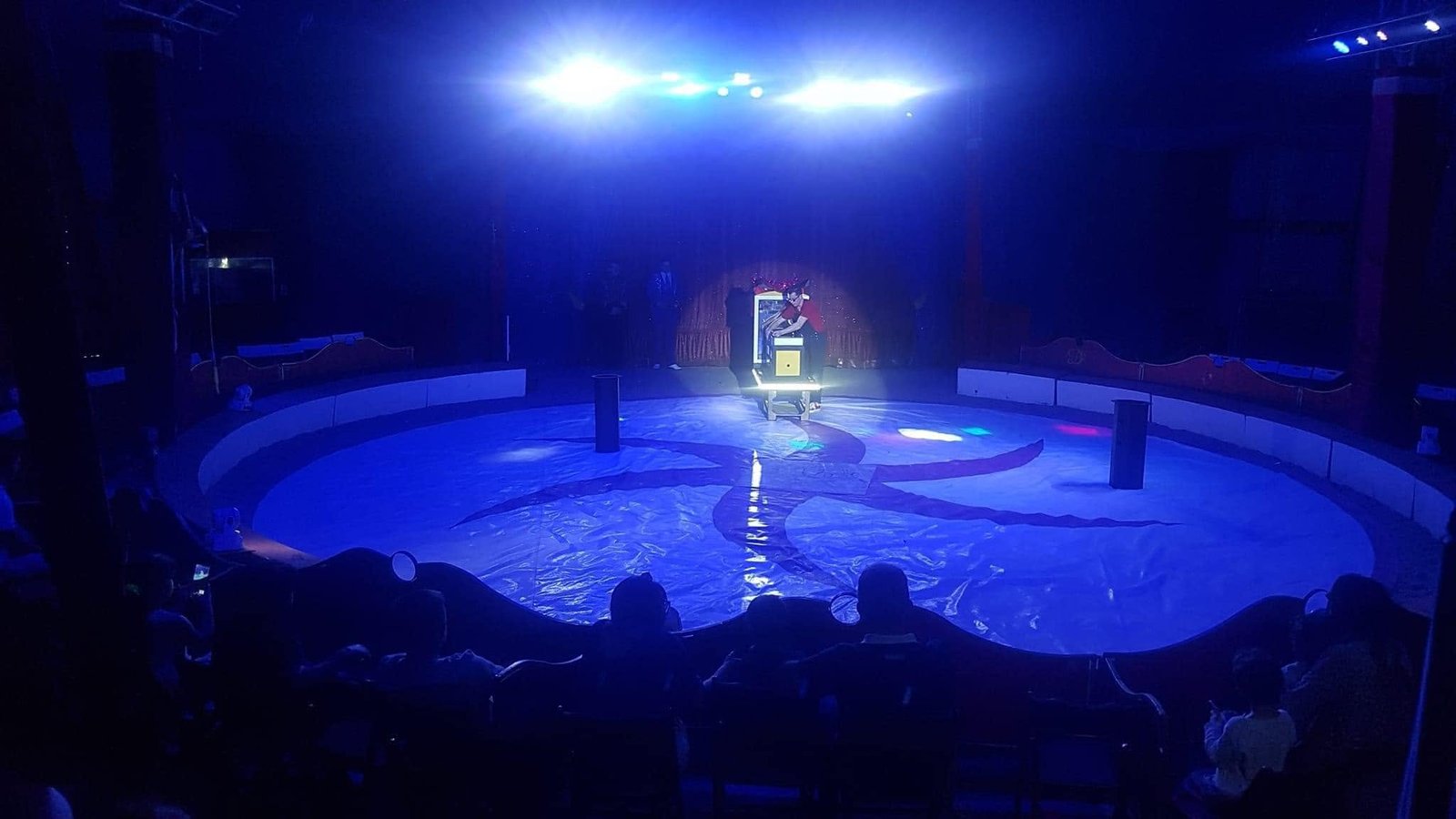 La piste de cirque éclairée pendant un numéro de magie